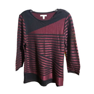 Dana Buchman Sweater Women's Size M Black Red Wine Stripes Tunic Long